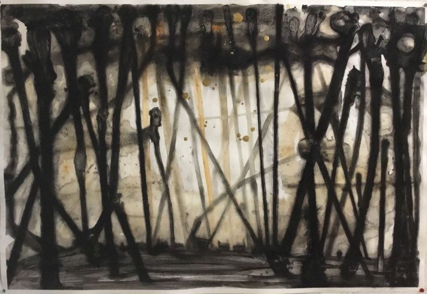 Forêt brulée Pierre noire et tech.mixte 110 cm x 75 cm 2024