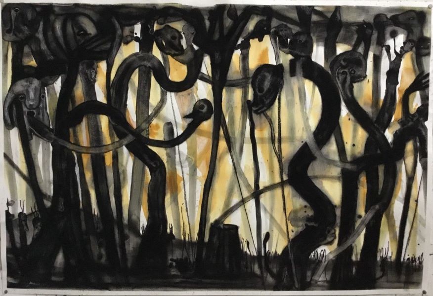 Forêt brulée Pierre noire et tech.mixte 110 x75 cm 2024